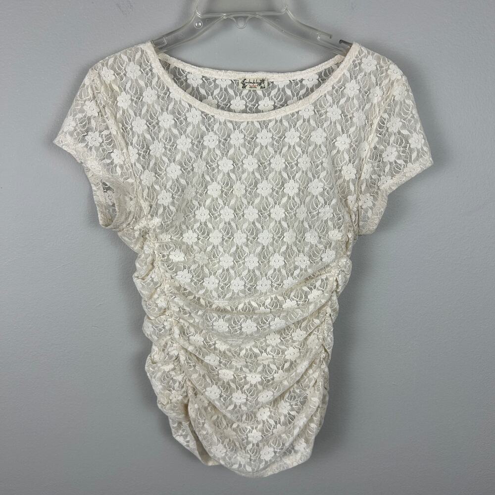 Free People Y2K White Floral Lace Cap Sleeve Ruched Baby Tee XS - Picture 2 of 7